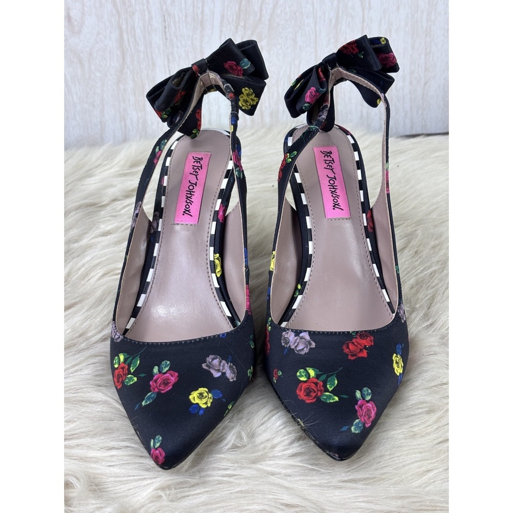 Betsey Johnson Ginjer Floral Heels‎ Women's 7M Black Satin Slingback Bow - Picture 4 of 7
